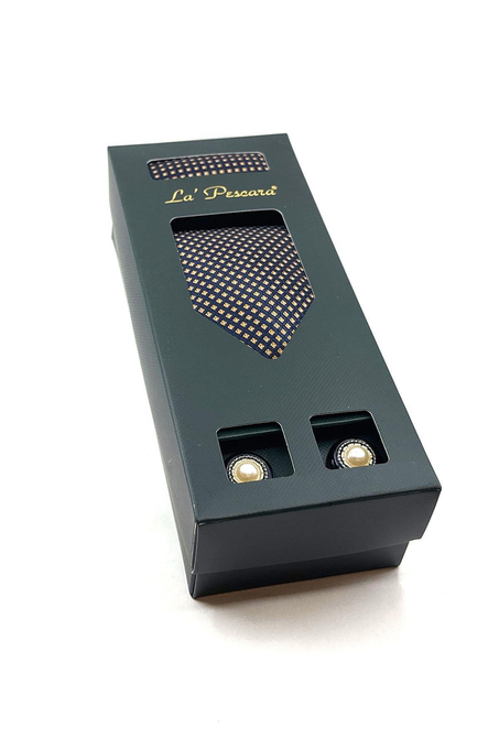 Lacivert Mendilli Kravat Sarı - Laci Kol Düğmesi Hediye Seti OS530