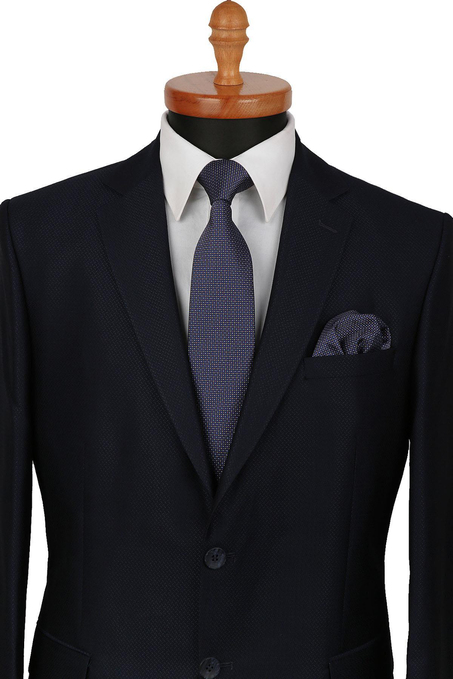 Lacivert Nokta Desen Mendilli Klasik Kravat KK9382