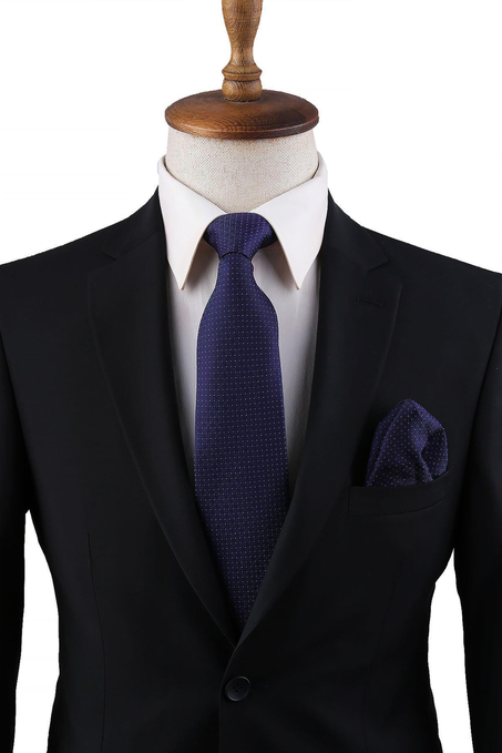 Lacivert Nokta Desen Mendilli Klasik Kravat KK10807