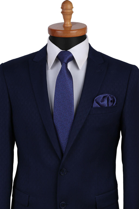 Lacivert Nokta Desen Mendilli Klasik Kravat KK9667