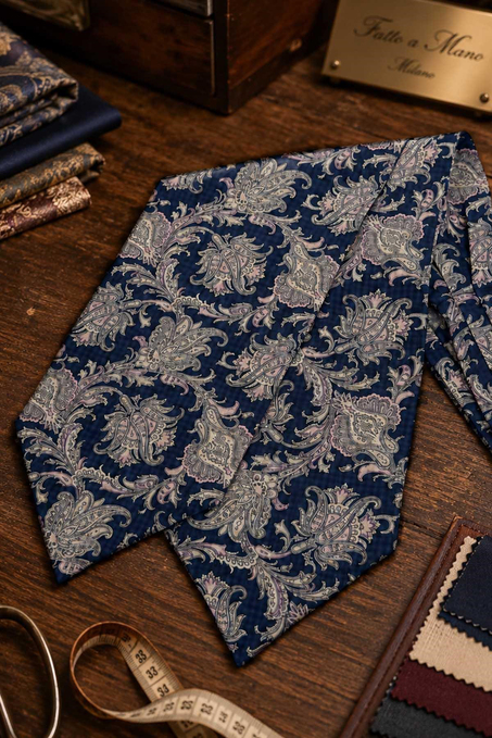 Lacivert Pembe Şal Desen İtalyan İpek Ascot Kravat SAC101