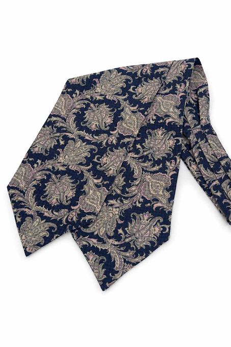 Lacivert Pembe Şal Desen İtalyan İpek Ascot Kravat SAC101