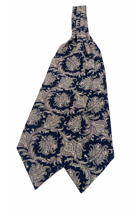 Lacivert Pembe Şal Desen İtalyan İpek Ascot Kravat SAC101