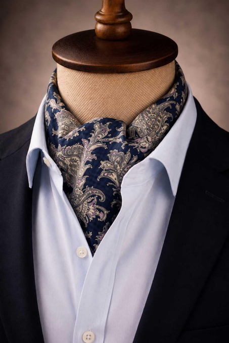 Lacivert Pembe Şal Desen İtalyan İpek Ascot Kravat SAC101
