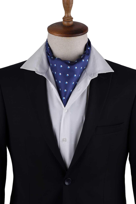 Lacivert Puantiye Desen İtalyan İpek Ascot Fular K653