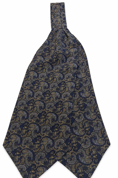 Lacivert Şal Desen İtalyan İpek Ascot Kravat SAC91
