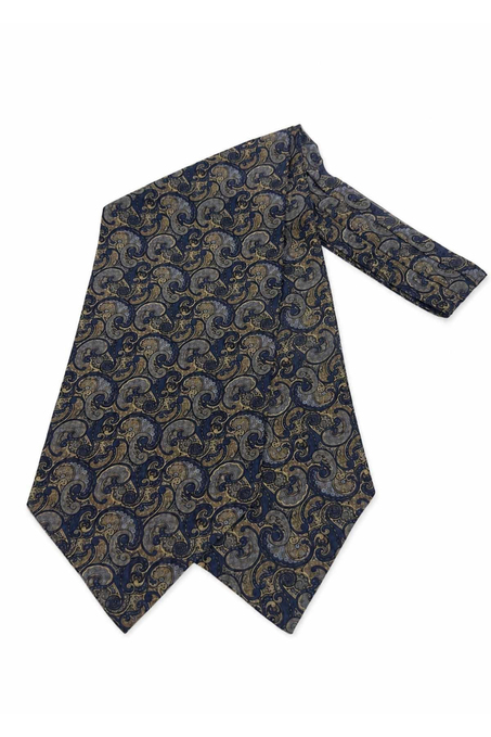 Lacivert Şal Desen İtalyan İpek Ascot Kravat SAC91