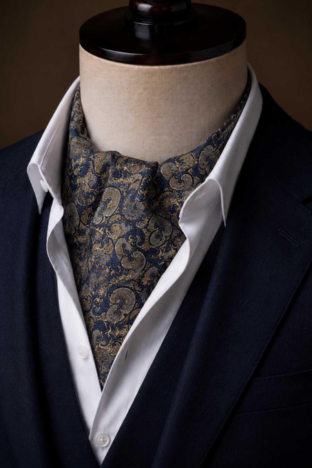 Lacivert Şal Desen İtalyan İpek Ascot Kravat SAC91