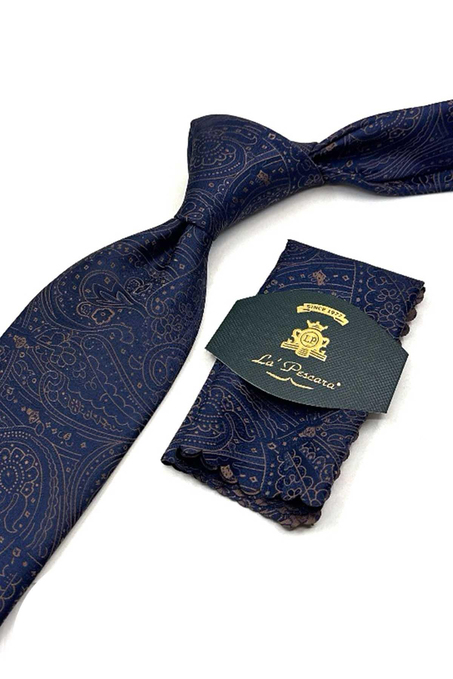 Lacivert Şal Desen Mendilli Klasik Kravat KK13118