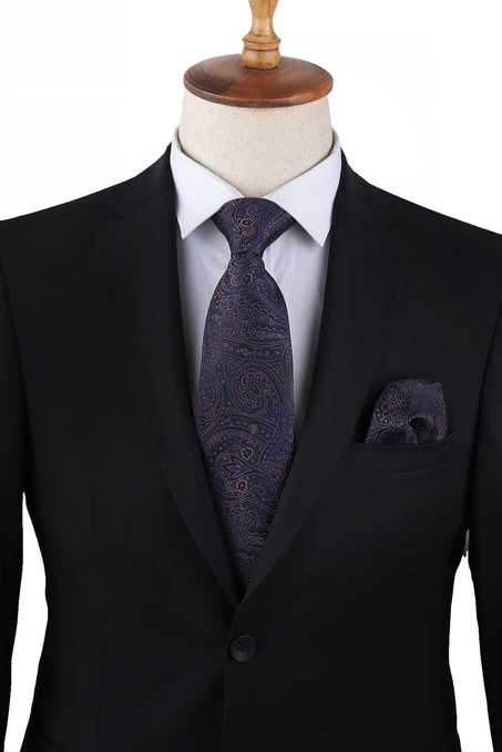 Lacivert Şal Desen Mendilli Klasik Kravat KK13118