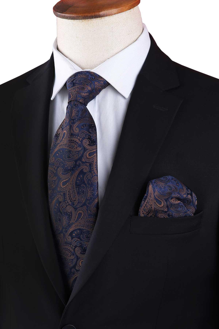 Lacivert Şal Desen Mendilli Klasik Kravat KK13118