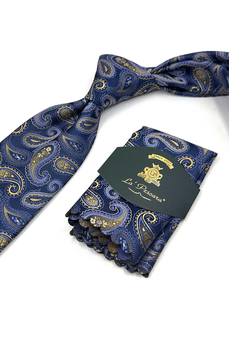 Lacivert Şal Desen Mendilli Klasik Kravat KK13122