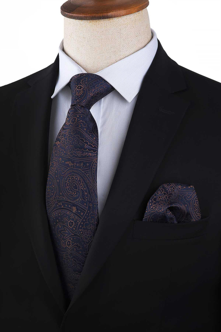 Lacivert Şal Desen Mendilli Klasik Kravat KK13118