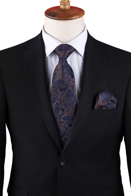 Lacivert Şal Desen Mendilli Klasik Kravat KK13118