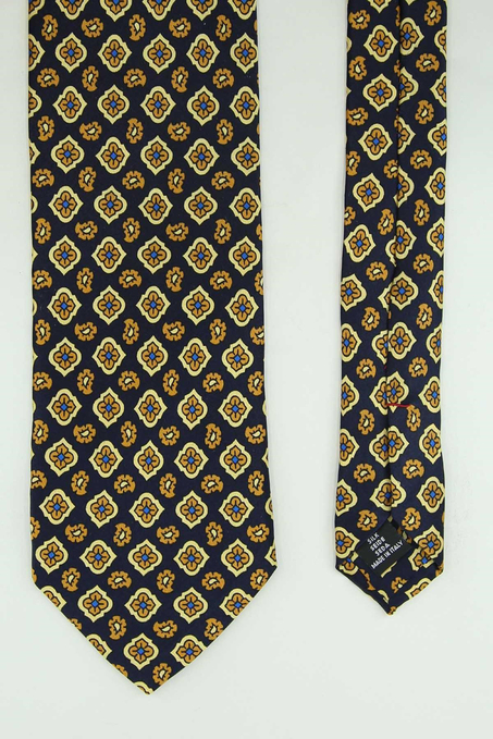 Lacivert Sarı Motif Desen İtalyan İpek Kravat İK2533