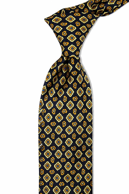 Lacivert Sarı Motif Desen İtalyan İpek Kravat İK2533