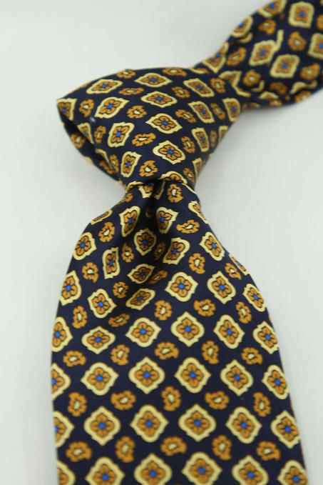 Lacivert Sarı Motif Desen İtalyan İpek Kravat İK2533