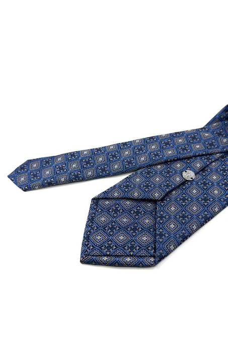 Lacivert Sarı Motif Desen Mendilli Klasik Kravat KK13900