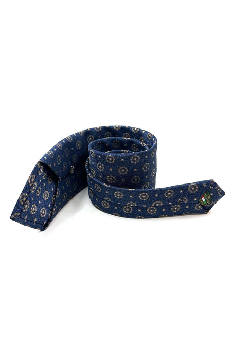 Lacivert - Sarı Motif Desen Mendilli Klasik Kravat KK12905