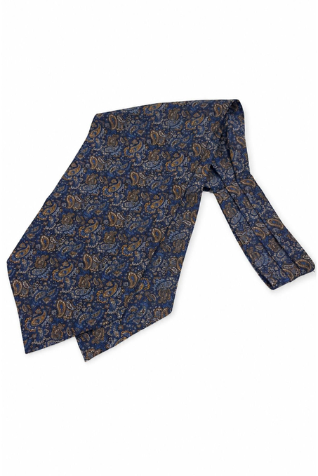Lacivert Sarı Şal Desen İtalyan İpek Ascot Kravat SAC109