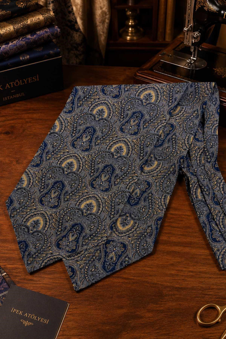 Lacivert Sarı Şal Desen İtalyan İpek Ascot Kravat SAC148