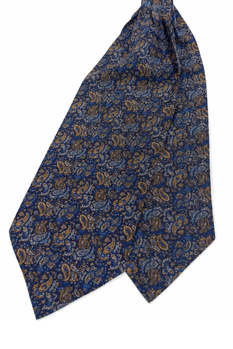 Lacivert Sarı Şal Desen İtalyan İpek Ascot Kravat SAC109