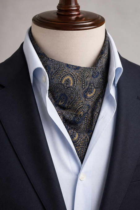 Lacivert Sarı Şal Desen İtalyan İpek Ascot Kravat SAC148
