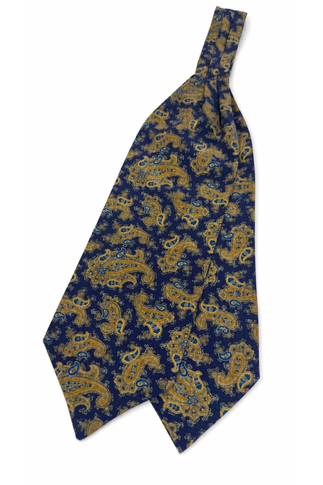 Lacivert Sarı Şal Desen İtalyan İpek Ascot Kravat SAC118