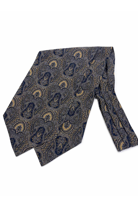 Lacivert Sarı Şal Desen İtalyan İpek Ascot Kravat SAC148
