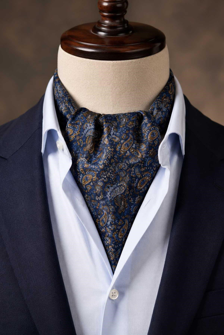 Lacivert Sarı Şal Desen İtalyan İpek Ascot Kravat SAC109