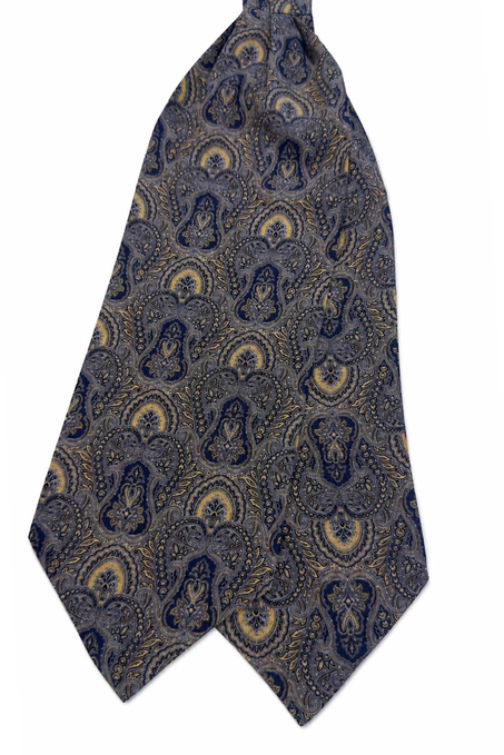 Lacivert Sarı Şal Desen İtalyan İpek Ascot Kravat SAC148
