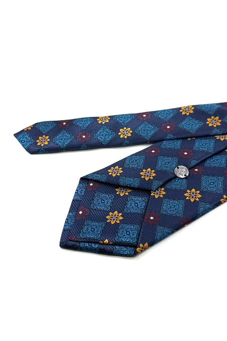 Lacivert Turkuaz Motif Desen Mendilli Klasik Kravat KK13944