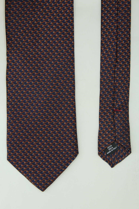 Lacivert Turuncu Motif Desen İtalyan İpek Kravat İK2576