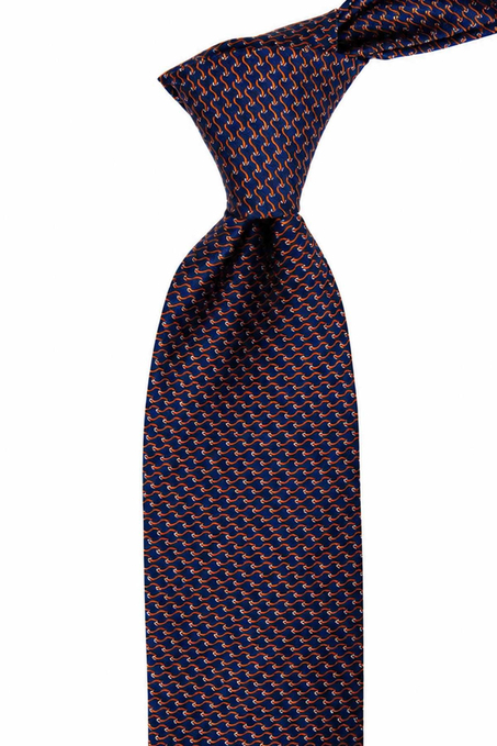 Lacivert Turuncu Motif Desen İtalyan İpek Kravat İK2576