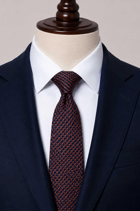 Lacivert Turuncu Motif Desen İtalyan İpek Kravat İK2576