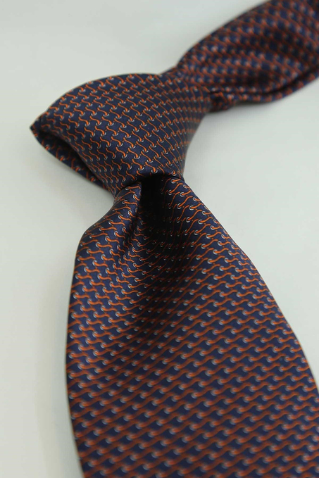 Lacivert Turuncu Motif Desen İtalyan İpek Kravat İK2576