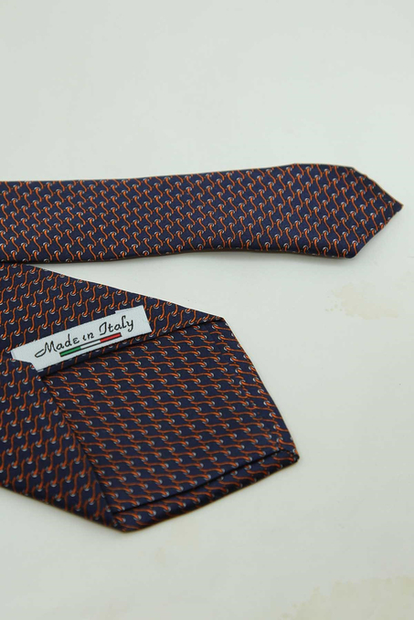 Lacivert Turuncu Motif Desen İtalyan İpek Kravat İK2576