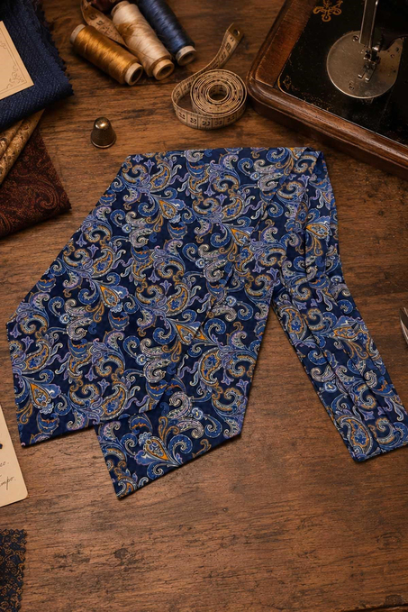 Lacivert Turuncu Şal Desen İtalyan İpek Ascot Kravat SAC115