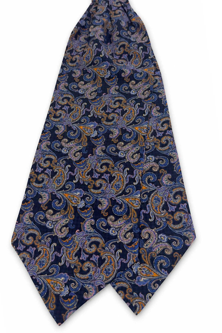 Lacivert Turuncu Şal Desen İtalyan İpek Ascot Kravat SAC115