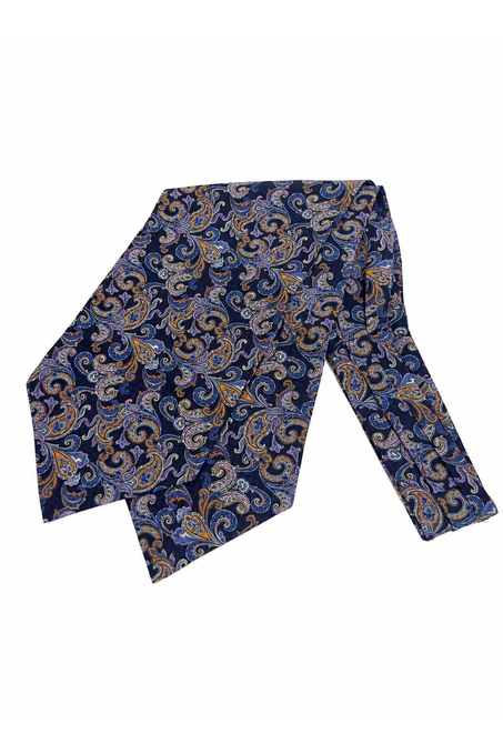 Lacivert Turuncu Şal Desen İtalyan İpek Ascot Kravat SAC115