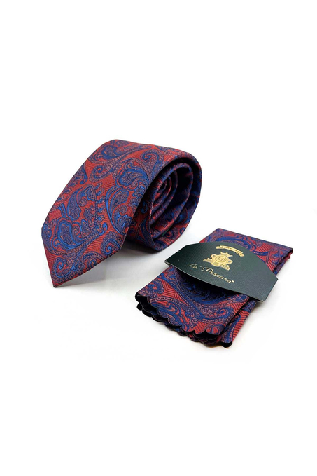 Lacivert - Turuncu Şal Desen Mendilli Klasik Kravat KK13128