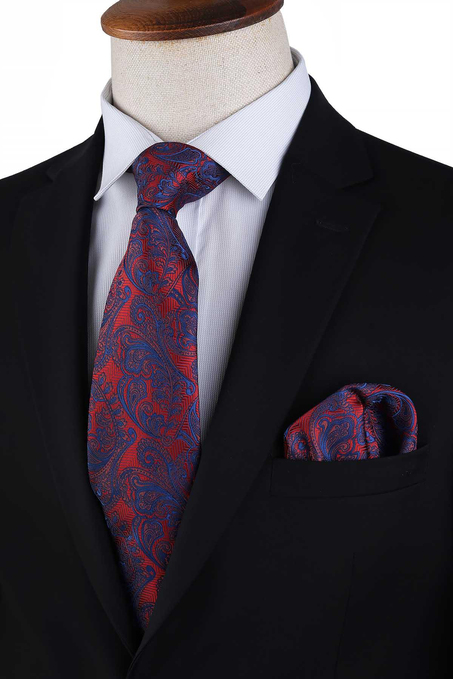 Lacivert - Turuncu Şal Desen Mendilli Klasik Kravat KK13128