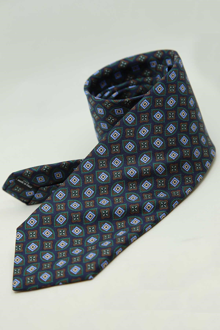 Lacivert - Yeşil Motif Desen İtalyan İpek Kravat İK2478