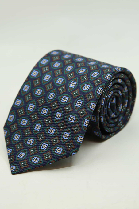Lacivert - Yeşil Motif Desen İtalyan İpek Kravat İK2478