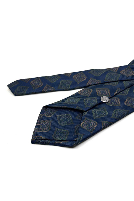 Lacivert - Yeşil Motif Desen Mendilli Klasik Kravat KK13611