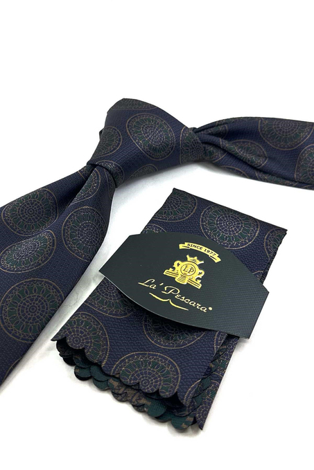 Lacivert Yeşil Motif Desen Mendilli Klasik Kravat KK13972