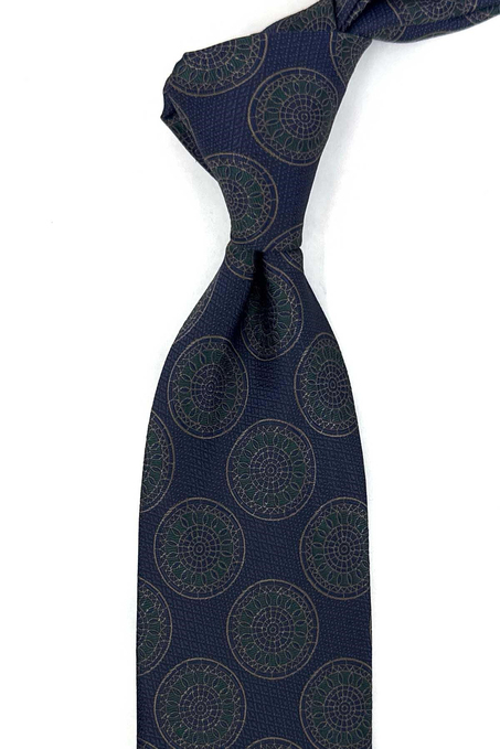 Lacivert Yeşil Motif Desen Mendilli Klasik Kravat KK13972