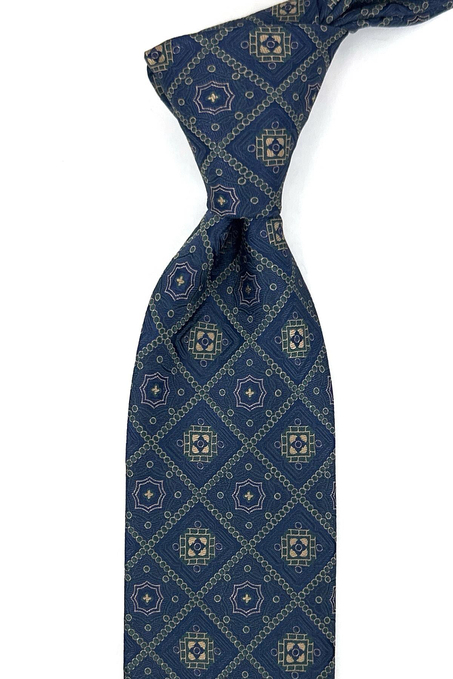 Lacivert Yeşil Motif Desen Mendilli Klasik Kravat KK13958