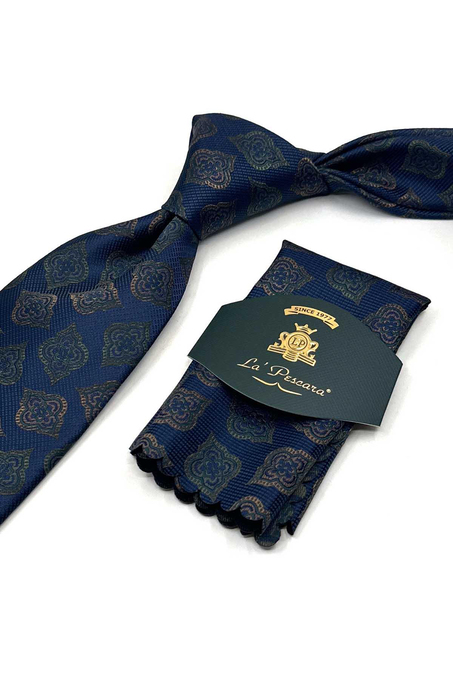 Lacivert - Yeşil Motif Desen Mendilli Klasik Kravat KK13611