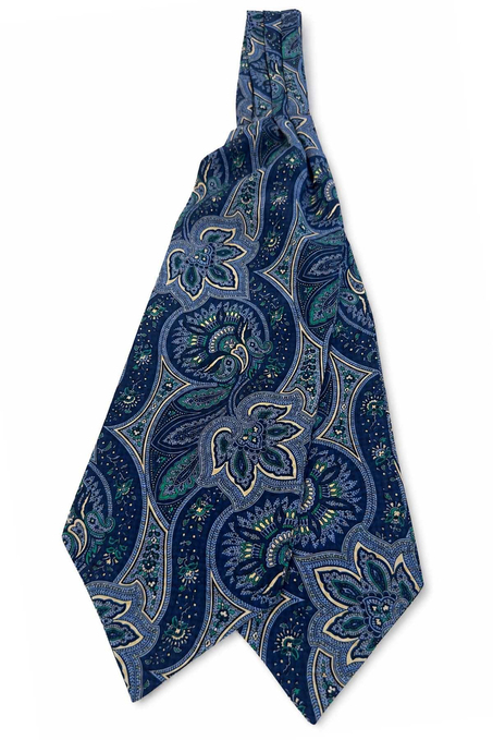 Lacivert Yeşil Şal Desen İtalyan İpek Ascot Kravat SAC132